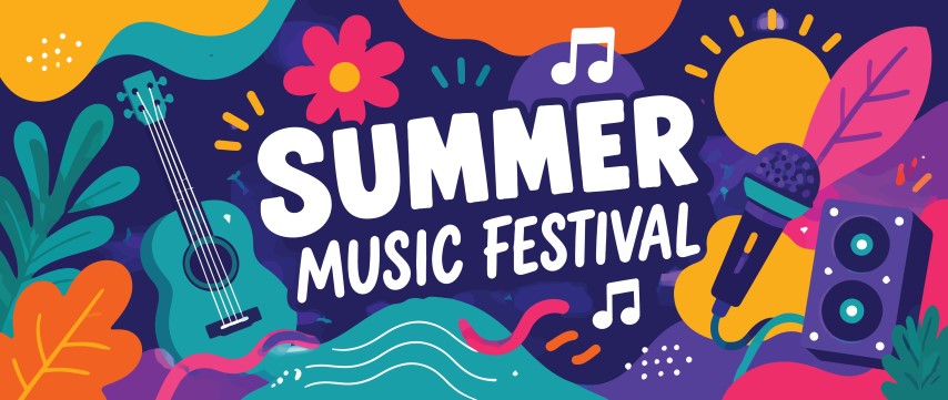 Summer music festival poster with musical instruments and colorful abstract shapes.